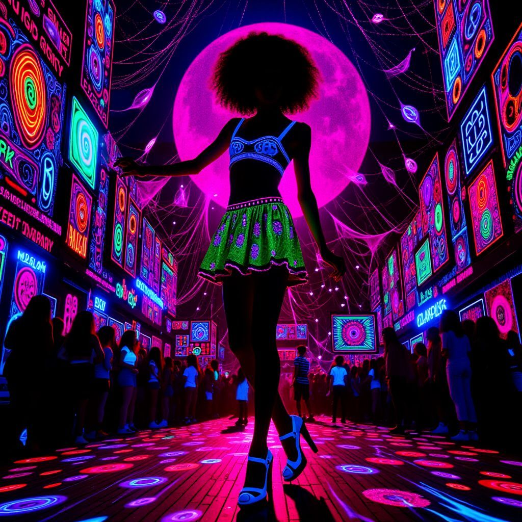 Afrobeat AI Album Cover — A vibrant black light illustration for the afrobeat album 'SHATTADAM', featuring a silhouette of a woman dancing against a vivid, textured city nightlife backdrop. Neon colors and dynamic patterns swirl around her; ethereal glow, psychedelic elements, rich color contrast, high detail, 8k resolution.