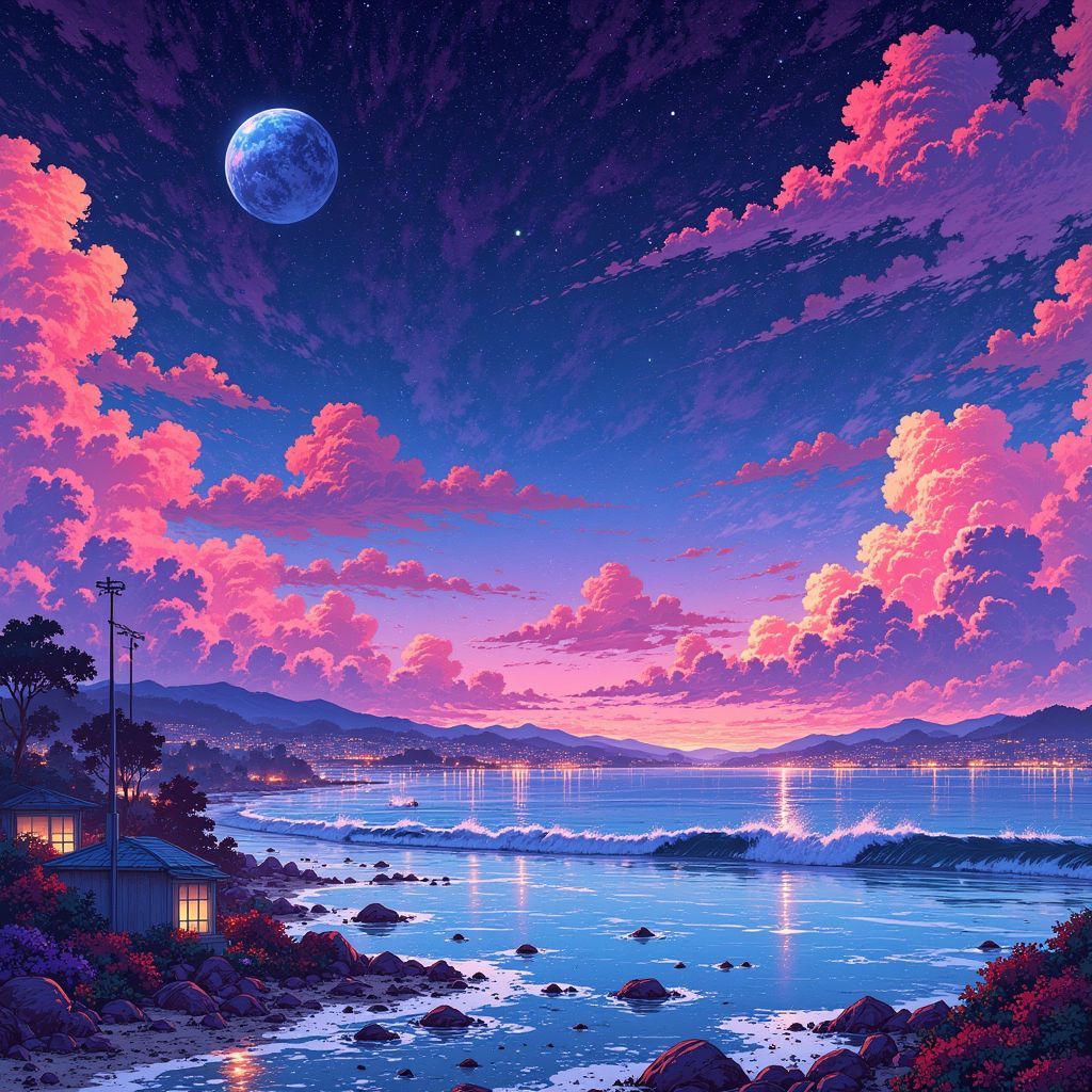 Electronic AI Album Cover — A dreamy electronic album cover illustration featuring abstract shapes and vibrant colors; a serene landscape merging with surreal cityscapes under a starry sky, soft lighting with a glow effect, pastel and neon color palette; highly detailed and ethereal, reflecting a chill vibe, 8k resolution