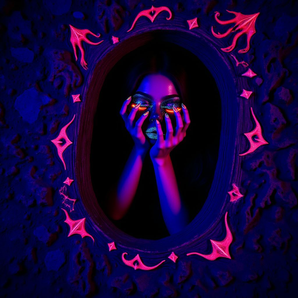EDM AI Album Cover — A stunning black light illustration of a beautiful woman's face emerging from a dark royal concrete wall, eyes covered by hands, surreal lighting with glowing colors, dreamlike atmosphere, ethereal and highly detailed, 8K resolution, vibrant and mystical ambiance