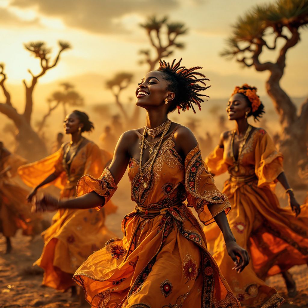 World AI Album Cover — A vibrant celebration scene of African dancers, traditional attire, in a surreal style, dusk setting, rich earth tones with splashes of red, highly detailed, cinematic, professional quality