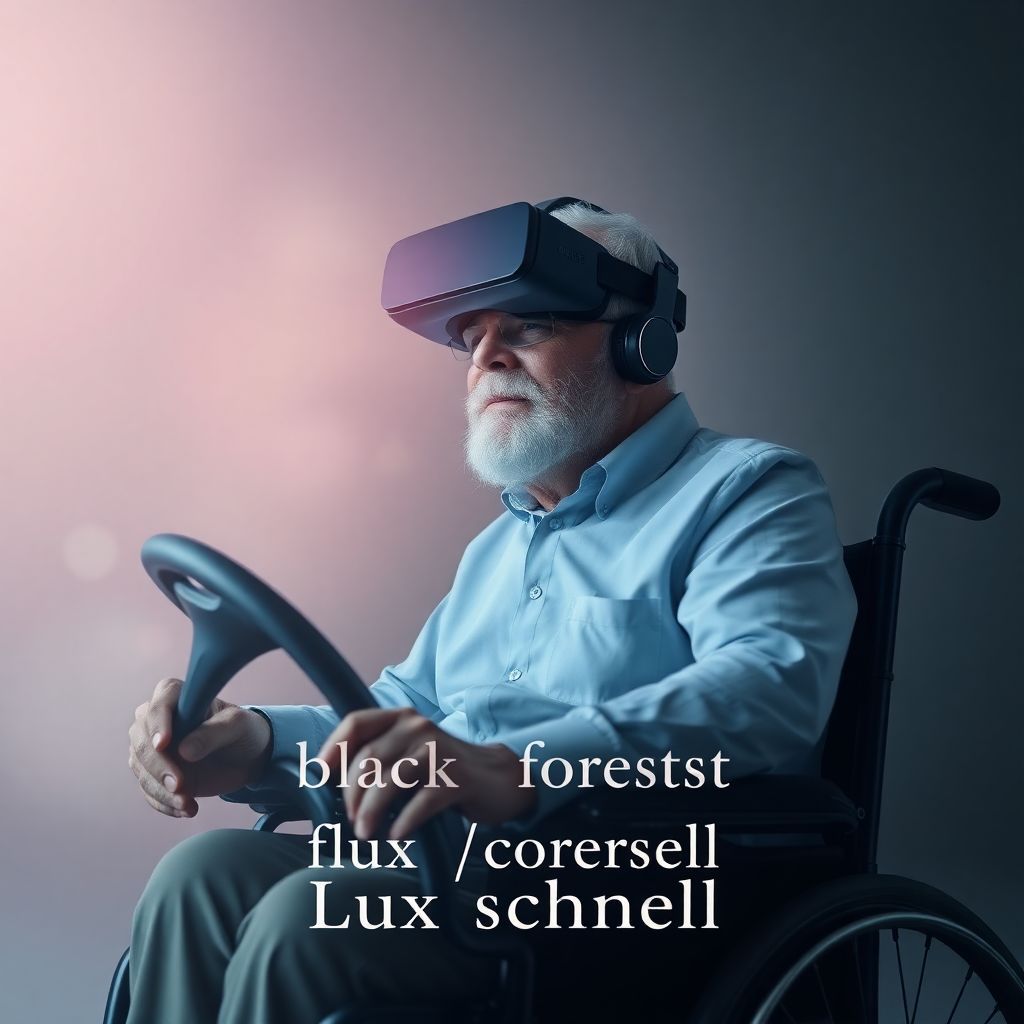 Indie AI Album Cover — A dreamy, minimalist cover showcasing an elderly man with a white mustache in a wheelchair, VR headset on, steering wheel in hand; soft, subdued color palette with ethereal highlights, abstract elements surrounding him, clear and elegant placement of title "black-forest-labs/flux-schnell", sharp focus, photorealistic quality, cinematic mood