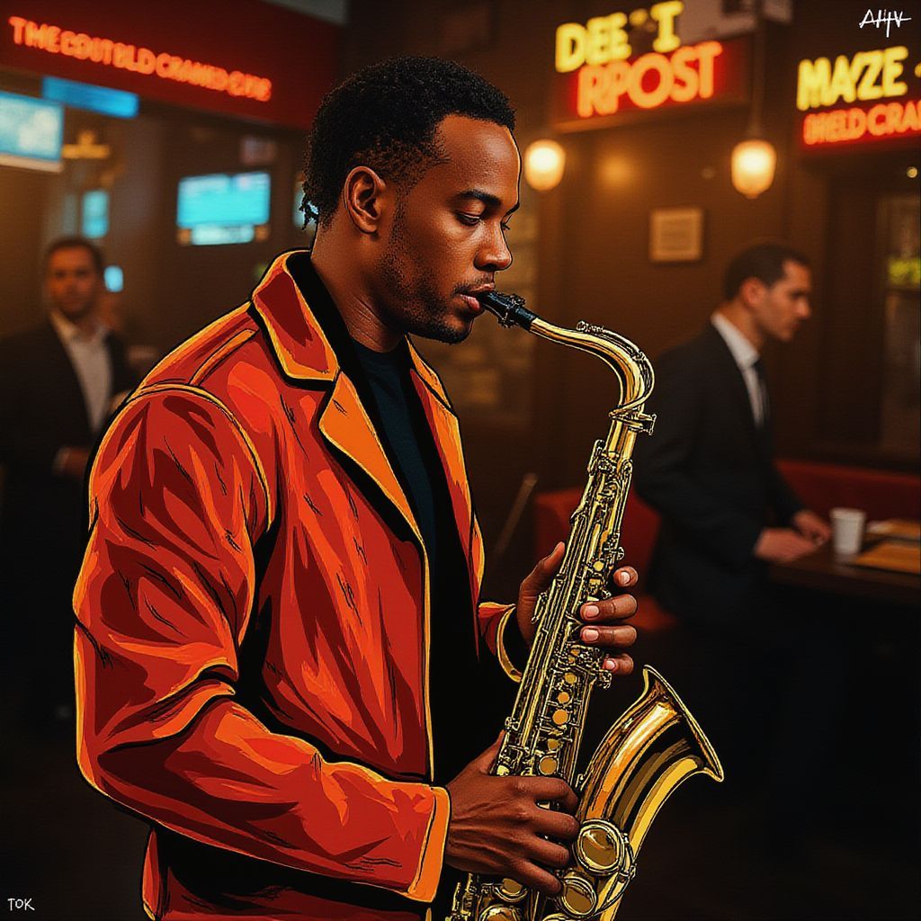 Jazz AI Album Cover — A jazz-inspired album cover featuring a saxophonist in a smoky jazz bar, illustrated in a half-photo, half-drawn style; warm golden tones, dramatic shadows and soft lighting, creating an intimate atmosphere; emotional expression captured in the musician's face, vibrant colors and dynamic movement, highly detailed, 8k resolution