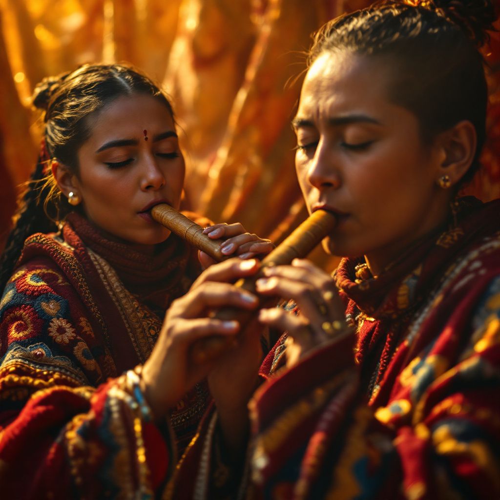 World AI Album Cover — A close-up shot of Bolivian musicians playing pan flutes, surreal style, vibrant textiles backdrop, warm golden light, rich reds and browns, meticulous detail, high quality