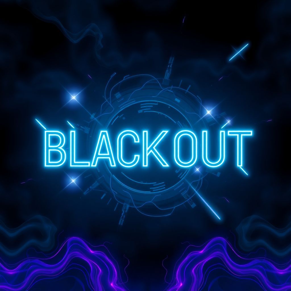 EDM AI Album Cover — A dark and moody album cover featuring the title "Blackout" in glowing neon text at the center, surrounded by abstract, swirling shapes and energy waves; surreal and psychedelic visual style with deep blues and purples, illuminated by sharp white light bursts; highly detailed and ethereal atmosphere, 8k resolution, perfect for EDM genre.