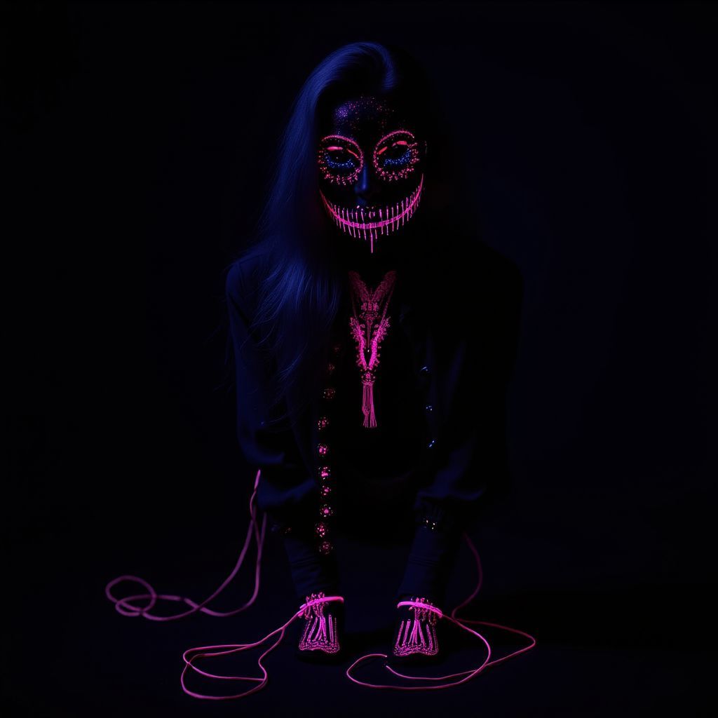Indie AI Album Cover — An abstract portrayal of a person outlined in shadow, experiencing pain, cables connect to glowing guitar amplifiers, black background; moody and atmospheric lighting, title 'hulled' and 'Saltwire' elegantly displayed, highly detailed, 8k resolution
