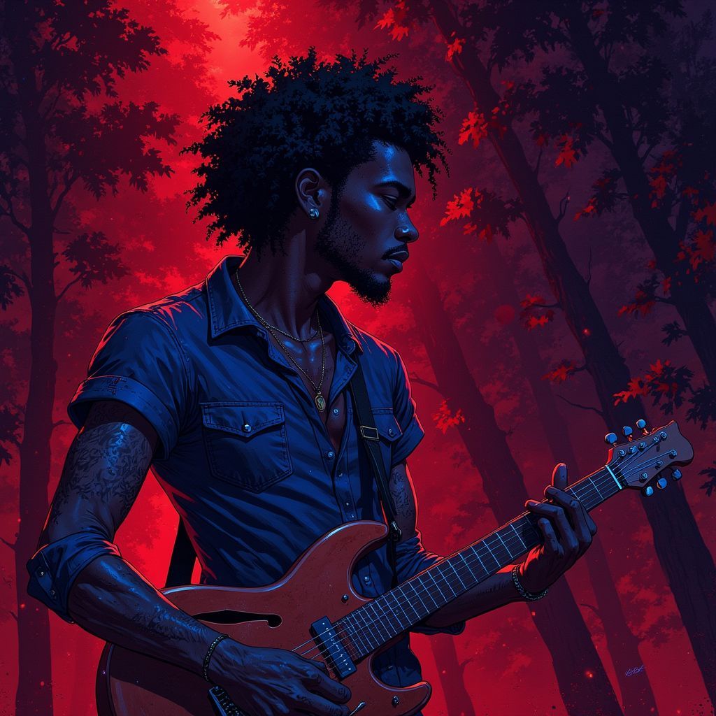 Afrobeat AI Album Cover — A vibrant illustration for the album 'Broken Hearts', showcasing a soulful figure with a guitar in a dark setting, ethereal lighting creates moody shadows, using rich red and blue tones, highly detailed with an Afrobeat aesthetic, emphasizing emotional themes of love and pain, 8k resolution, Ghibsky style