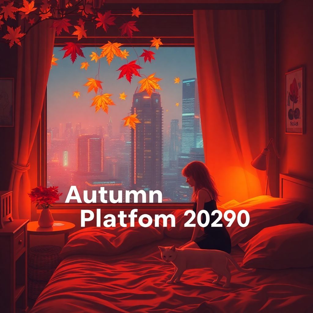 Lo-Fi AI Album Cover — A serene lo-fi album cover featuring a cozy bedroom on Autumn Platform 2090, with a young woman and her cat; warm orange lighting, glowing maple leaves in the air, cyberpunk cityscape outside the window; text "Autumn Platform 2090" integrated into the design, 8k resolution, dreamy atmosphere, highly detailed, nostalgic colors