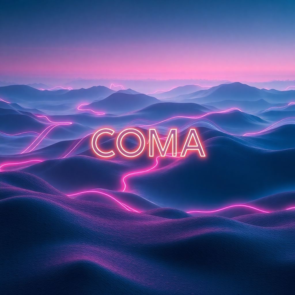 Electronic AI Album Cover — A surreal electronic music album cover featuring a dreamlike landscape with flowing light trails representing sound waves; the title "COMA" integrated into the scene in a vivid, glowing font; moody blues and purples with ethereal lighting; highly detailed and vibrant; a sense of movement and tranquility, 8k resolution