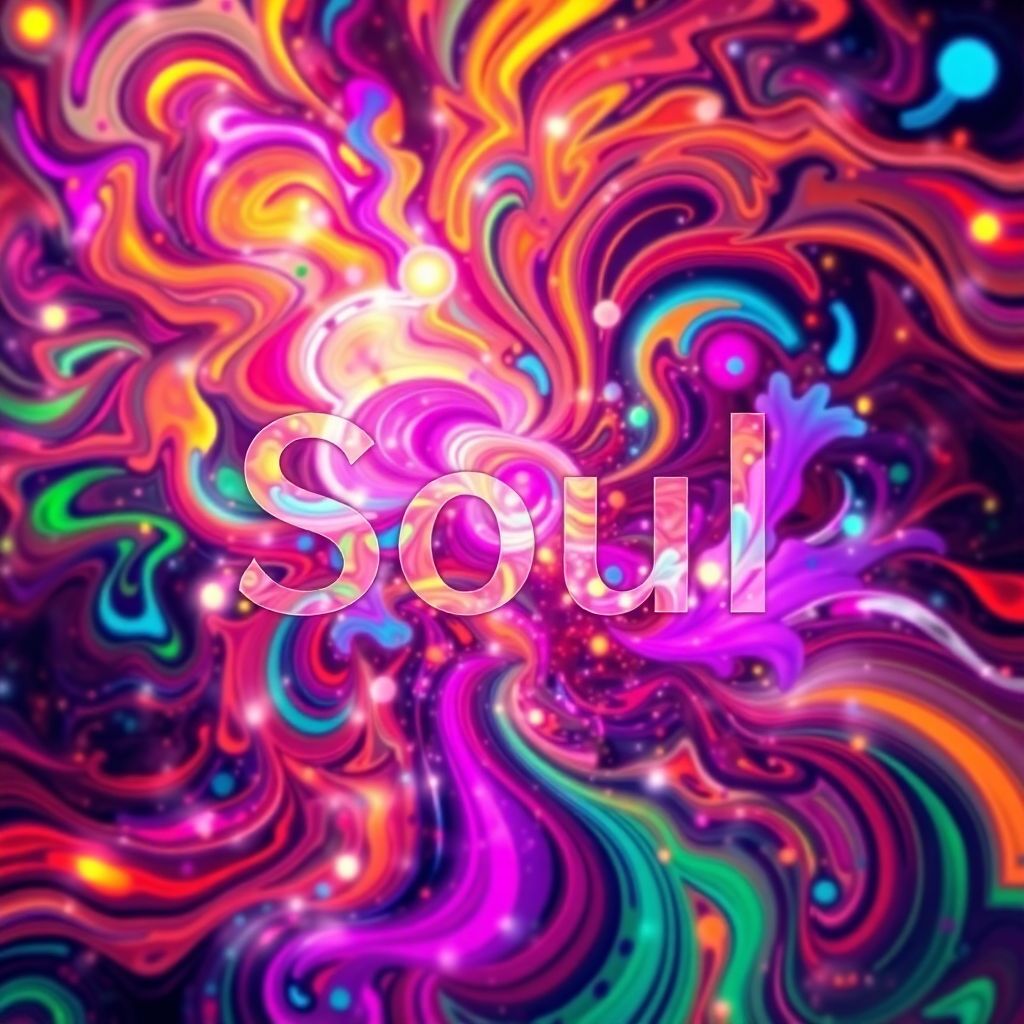 Afrobeat AI Album Cover — An abstract, psychedelic album cover featuring a radiant, swirling mix of colors that represent the rhythm of afrobeat, with the title "Soul" integrated seamlessly into the design. Soft, glowing lights and intricate patterns enhance the vibrant mood; cinematic quality and sharp focus, feels lively and energetic, 8k resolution.