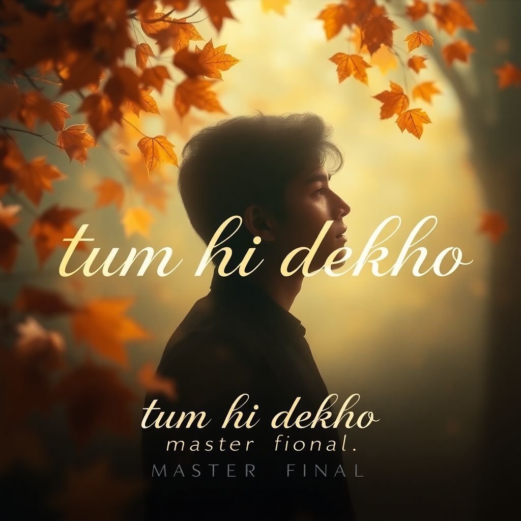Indie AI Album Cover — An ethereal, surreal music album cover featuring a lonely figure gazing into the distance with misty eyes, surrounded by swirling autumn leaves; gentle lighting creates a dreamy atmosphere, incorporating the text 'tum hi dekho' in an elegant, flowing script; warm earthy tones with golden accents, highly detailed and 8k resolution