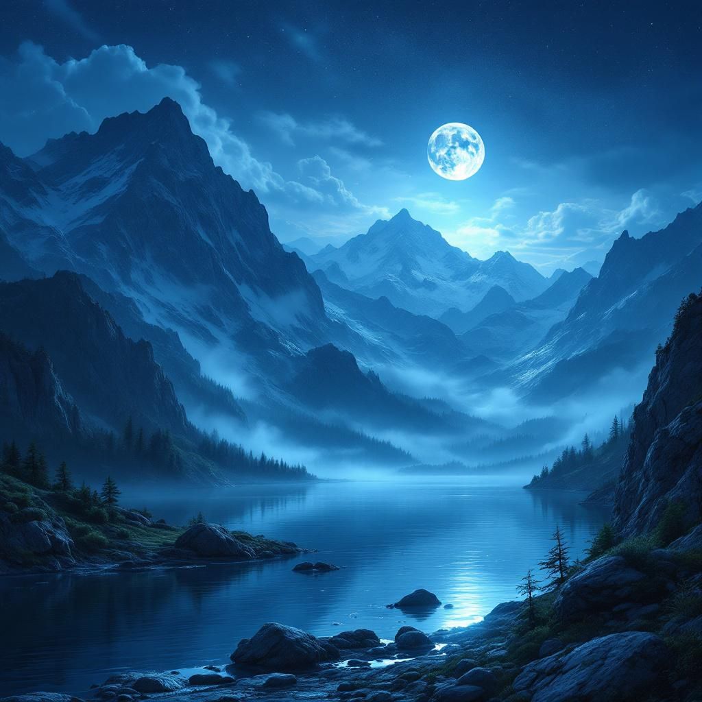 Trance AI Album Cover — Photorealistic view of a serene mountain landscape at night, silver moonlight reflecting on tranquil waters, enveloped in a soft natural fog, vibrant blues and greens, masterful lighting creating depth, highly detailed, dreamy and contemplative mood, cinematic style.