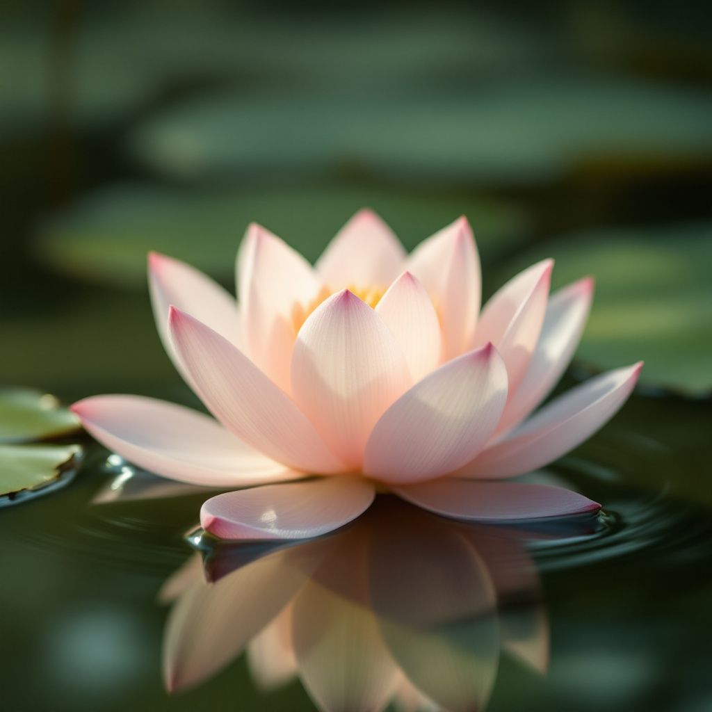 Meditation AI Album Cover — A close-up of a lotus blossom floating on a tranquil pond, in a minimalist aesthetic, photorealistic, soft diffused lighting, pastel pinks and greens, sharp focus, tranquil and meditative feel