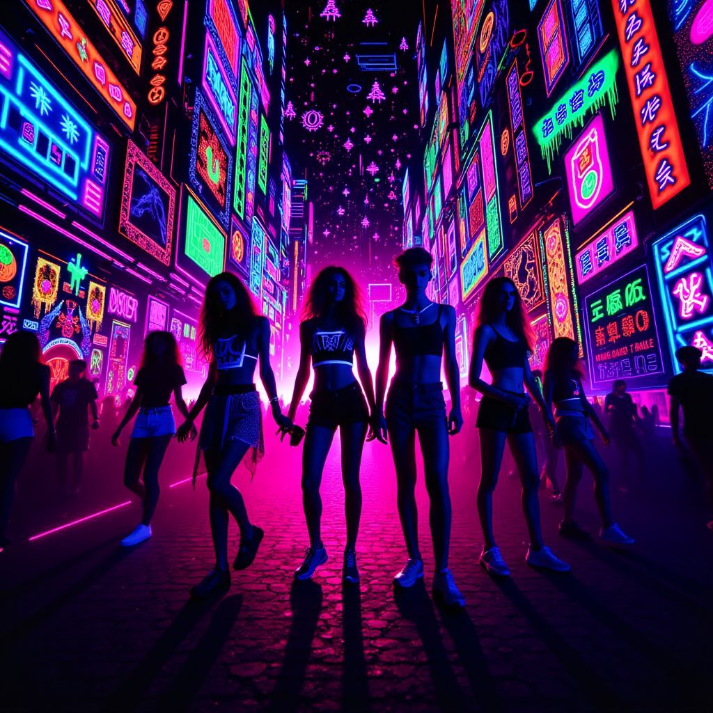House AI Album Cover — A vibrant, abstract black light illustration for a house music album featuring silhouettes of dancers moving against a colorful, pulsating cityscape, neon colors of pink, blue, and green; high energy atmosphere, stylized with a psychedelic, dreamy quality, highly detailed, 8k resolution