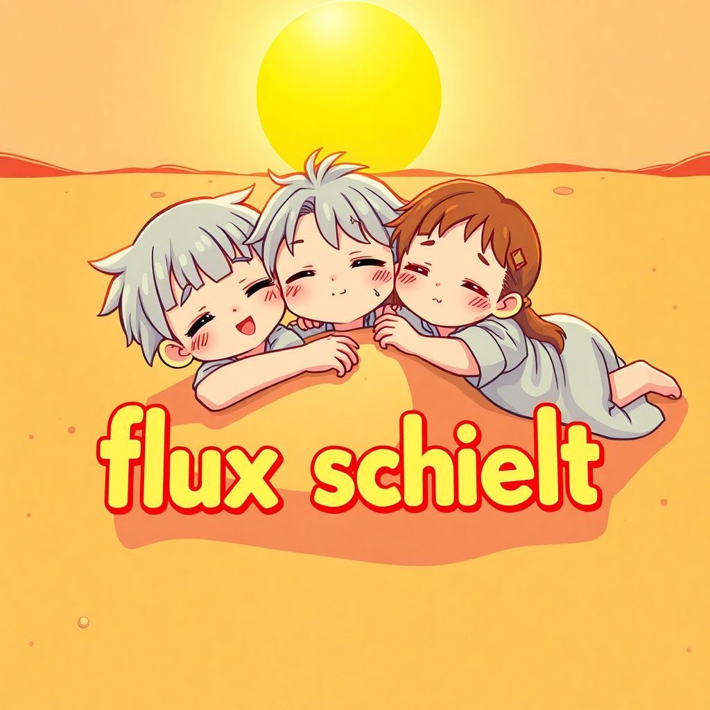 K-Pop AI Album Cover — A surreal K-Pop album cover with cute characters embracing strength, laying on a hot, sunlit ground; whimsical illustrations with stylized features, the title "flux schnell" prominently displayed in a playful font, bright and warm color scheme, highly detailed, 8k resolution, creating a lively atmosphere.