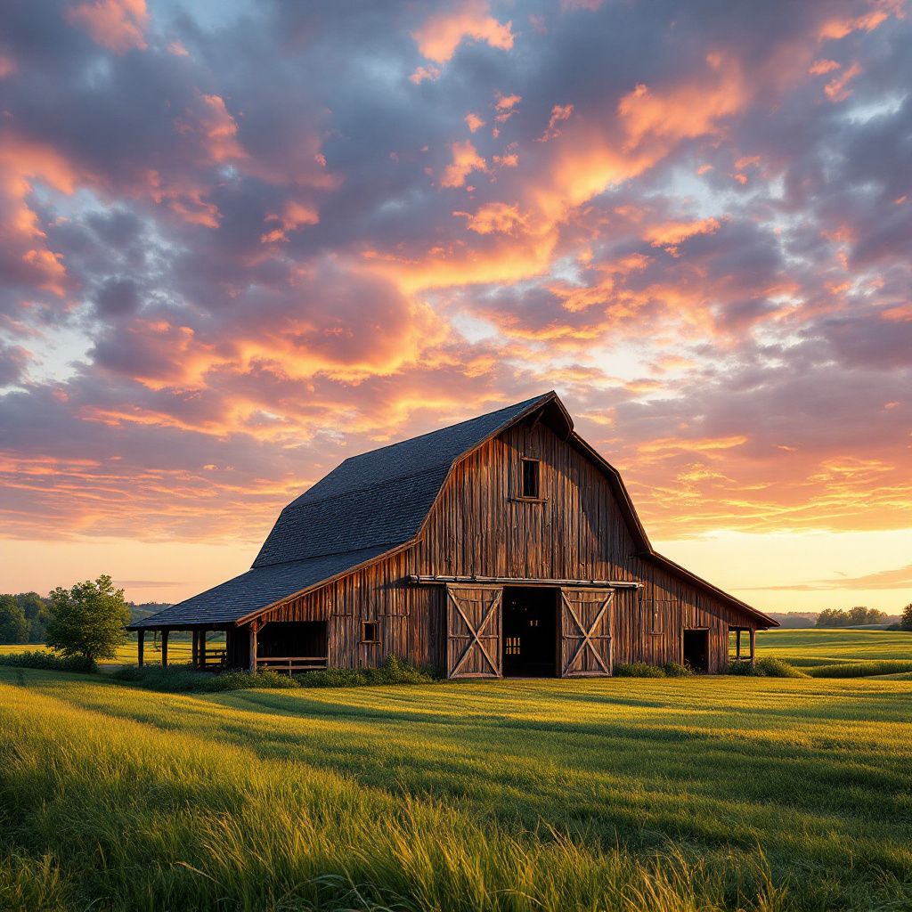 Americana AI Album Cover — Old barn with rolling hayfields under a dramatic sky, photorealistic, highly detailed textures, 8k quality, soft and warm natural lighting, earthy tones, ethereal and cinematic style.