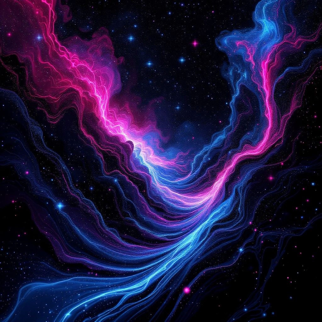 Techno AI Album Cover — A surreal, vibrant techno album cover featuring an abstract pulse wave intertwined with dark fluid shapes, set against a cosmic background; neon pink and electric blue colors, dynamic lighting effects, highly detailed textures, 8K resolution, capturing the rhythmic and hypnotic essence of the music.
