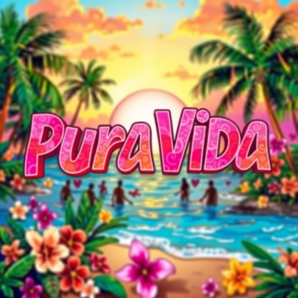 Reggaeton AI Album Cover — An abstract reggaeton album cover depicting a tropical beach party scene with vibrant flowers and palm trees; the title "Pura Vida" flowing through the composition in playful, bold fonts; bright sunset colors, high definition, intricate details, evoking a sense of joy and celebration