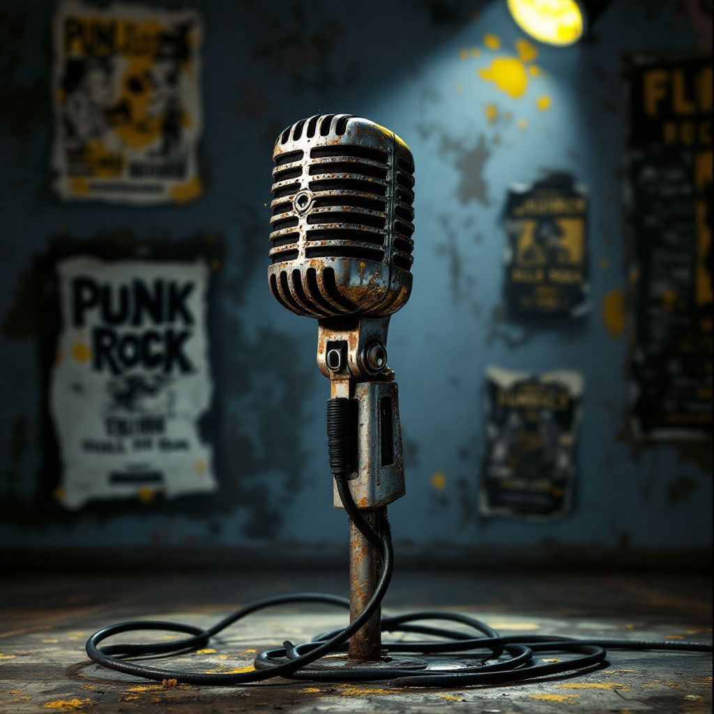 Punk AI Album Cover — A rusty microphone on a grunge stage, faded punk flyers in the background, harsh spotlights, desaturated with splashes of vibrant yellow, moody and vintage, photorealistic 8k