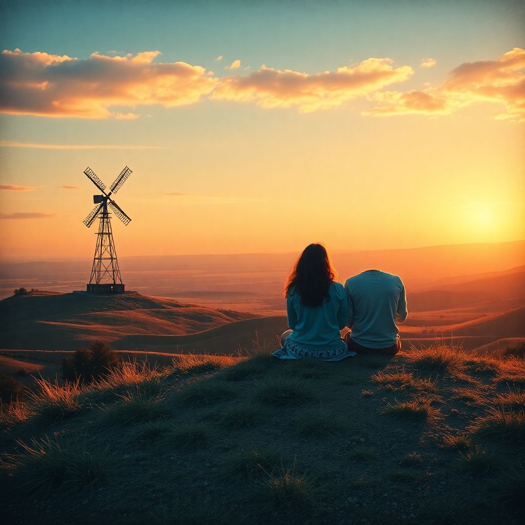 Folk AI Album Cover — A nostalgic folk album cover featuring the title 'MORE' integrated into an old newspaper-style layout; two hippies sitting on a hill overlooking a valley with a derelict windmill in the distance, warm blue and orange tones, vintage aesthetic, ethereal lighting, highly detailed, 8k resolution.