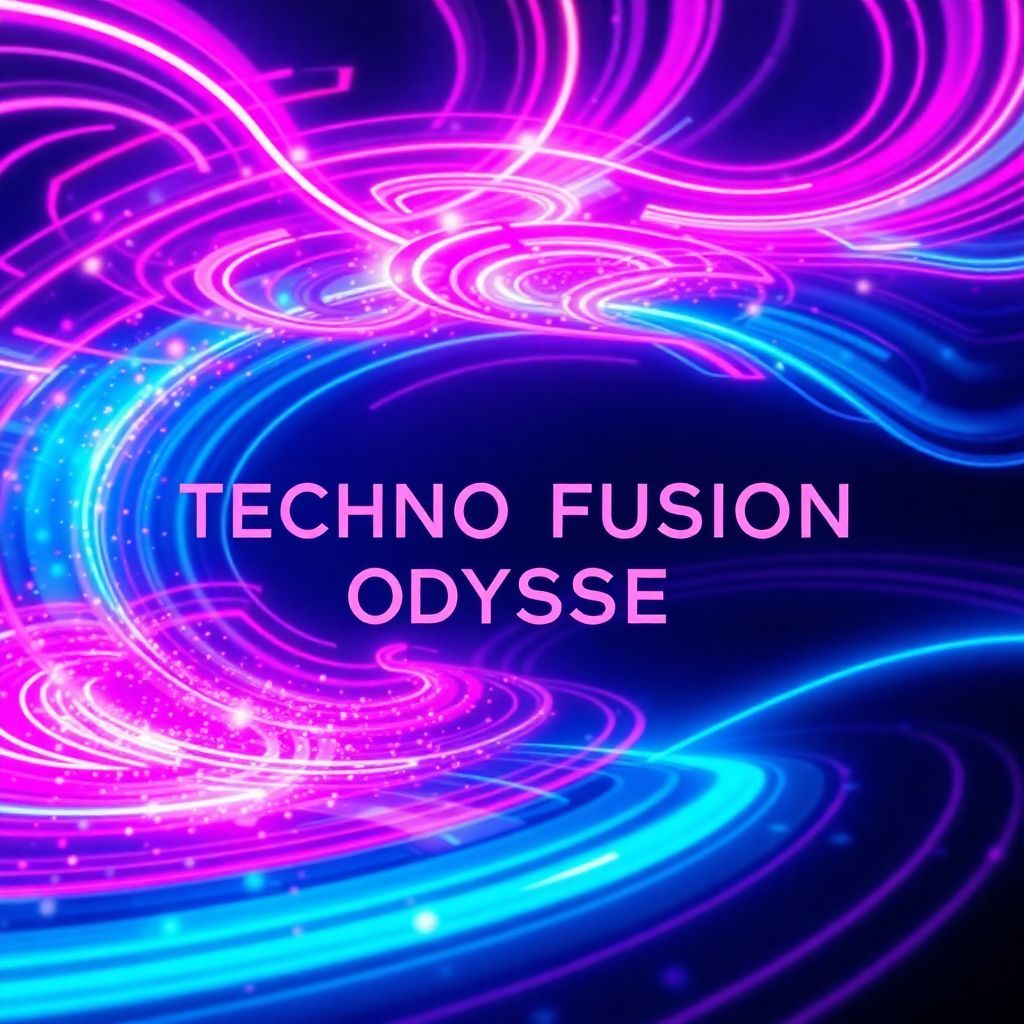 Techno AI Album Cover — An abstract techno album cover titled "Techno Fusion Odyssey" featuring swirling neon patterns and vibrant colors, with rhythmic waveforms blending into the background; deep blues and electric pinks create a moody, pulsating atmosphere; highly detailed, cinematic lighting and sharp focus, 8K quality