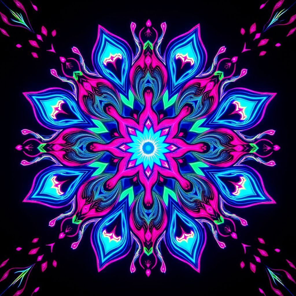 Trance AI Album Cover — A psychedelic album cover for a trance song titled Mayday, featuring a radiant lotus flower at the center, glowing with neon colors and swirling patterns; black light illumination, ethereal atmosphere, dreamy elements, highly detailed, 8k resolution, vibrant hues of blue, pink, and green