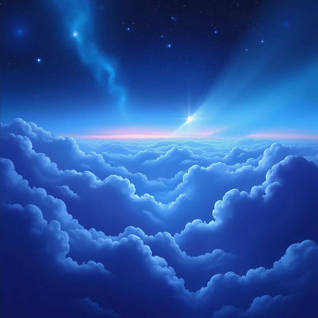 Alternative AI Album Cover — A half-illustrated album cover featuring a vast, dreamy sky filled with layered clouds blending into a dark yet ethereal atmosphere; delicate blue-tinted smoke dissipating upwards, luminous diffused lighting with glowing highlights, cool blue and violet shades, ultra-detailed textures, 8k resolution, surreal and cinematic feel