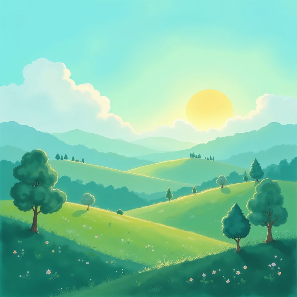 Gospel AI Album Cover — A serene landscape featuring soft rolling hills under a tranquil sky, painted in dreamy blue and green hues, glowing sunrise casting gentle light, whimsical trees swaying in a breeze, ethereal and highly detailed illustration, 8k resolution, calm and uplifting atmosphere