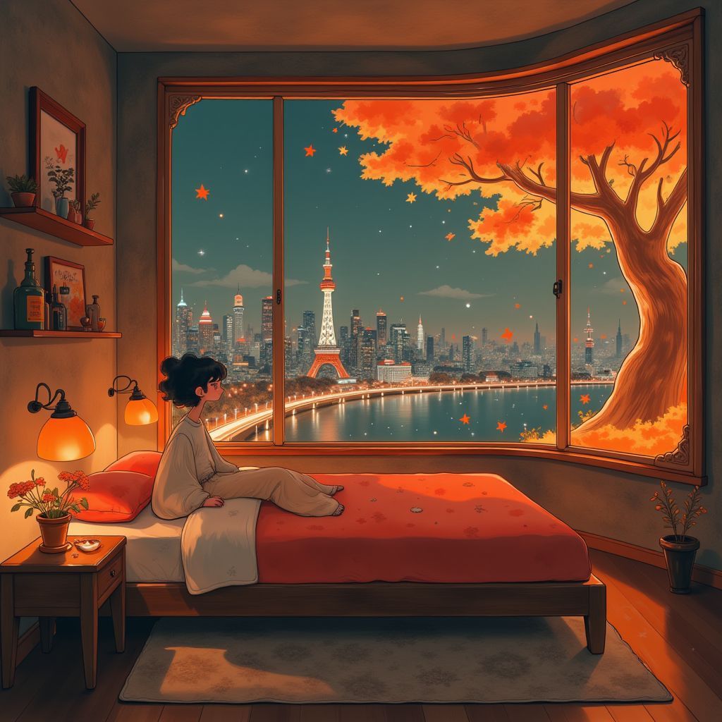 Lo-Fi AI Album Cover — A cozy futuristic bedroom on Autumn Platform 2090, featuring a young woman with short hair on a bed, surrounded by warm orange and brass lighting; a large panoramic window shows a high-tech cityscape with glowing amber and copper neon lights; detailed indoor tree with glowing autumn leaves, moody atmosphere, 8k resolution, anime-inspired cyberpunk style
