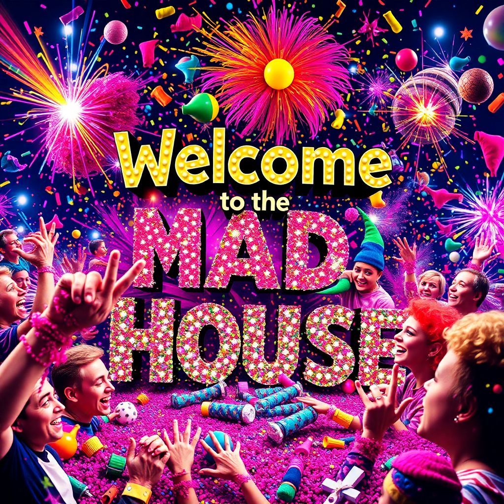 Dance AI Album Cover — A chaotic and vibrant dance album cover titled "Welcome to the Mad House" featuring a surrealistic scene of colorful messiness, with playful characters and glitter explosions; bright and lively colors, 8k resolution, highly detailed, dynamic lighting creating an energetic atmosphere, integrating the title prominently into the design, emphasizing fun and chaos, reflecting the lyrical themes of laughter and home