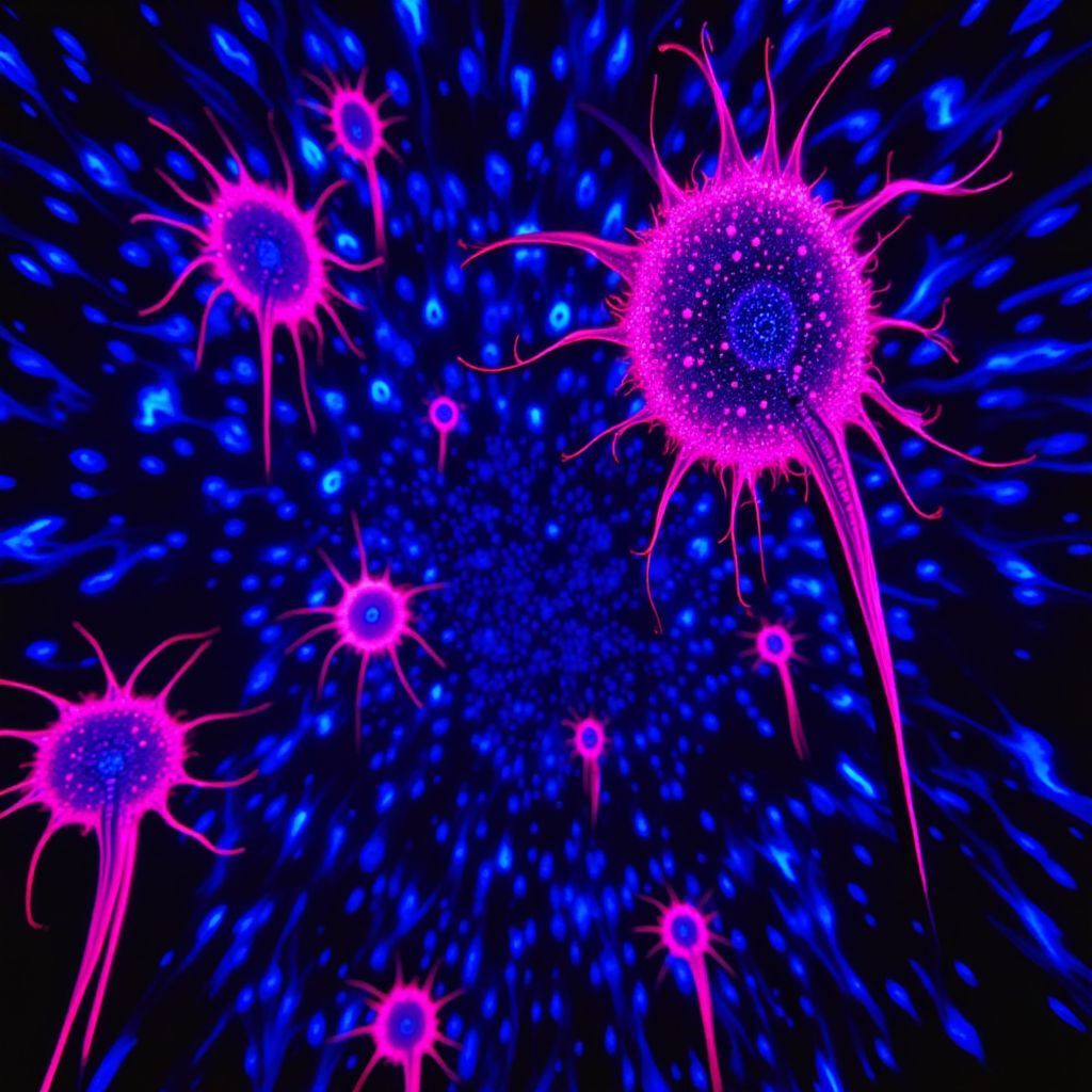 Electronic AI Album Cover — A surreal, vibrant black light illustration featuring glowing neurons interconnected with sparkling energy, psychedelic colors like electric blue and neon pink; ethereal lighting creating a dreamlike atmosphere, 8k resolution, highly detailed and immersive photography.