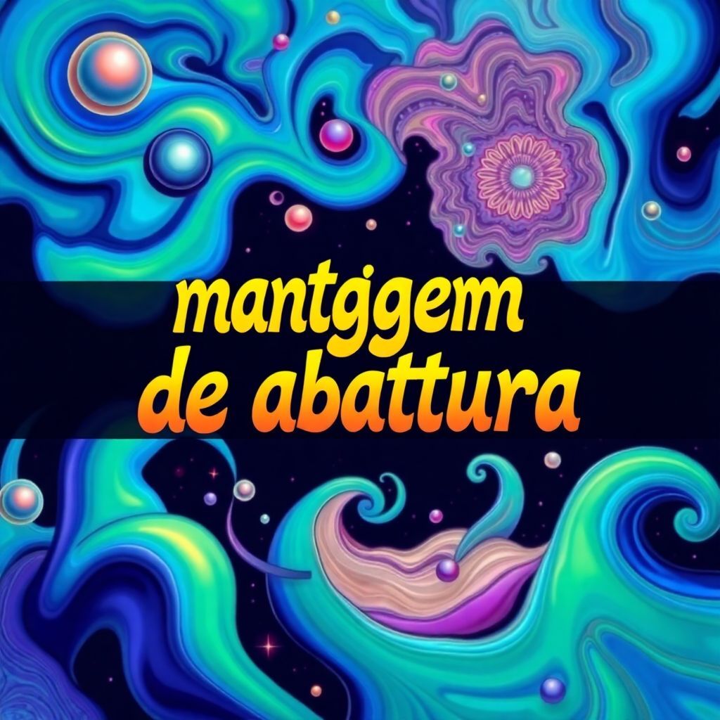 Funk AI Album Cover — A psychedelic-inspired album cover with surreal shapes and patterns swirling around; the title 'montagem de abertura' appearing in fluid, wavy letters; bold and vibrant colors, blending blues, greens, and purples; a dreamlike, energetic vibe, highly detailed, 8k resolution, emphasizing rhythm and creativity