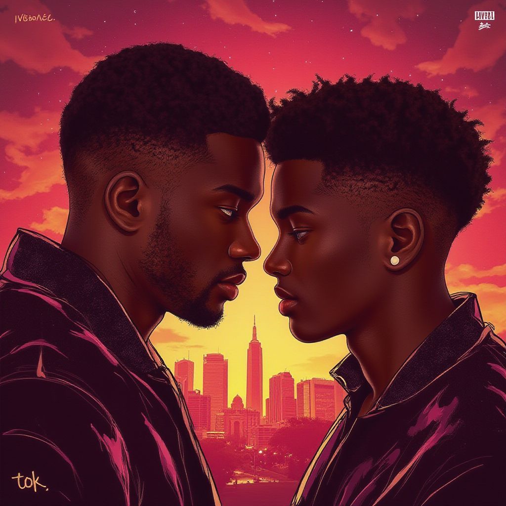 R&B AI Album Cover — An R&B album cover combining half a vibrant illustration of two intertwined silhouettes expressing emotion, with the other half a photorealistic city skyline at dusk; moody lighting, rich burgundy and gold colors, cinematic style, highly detailed and ethereal elements, 8K resolution
