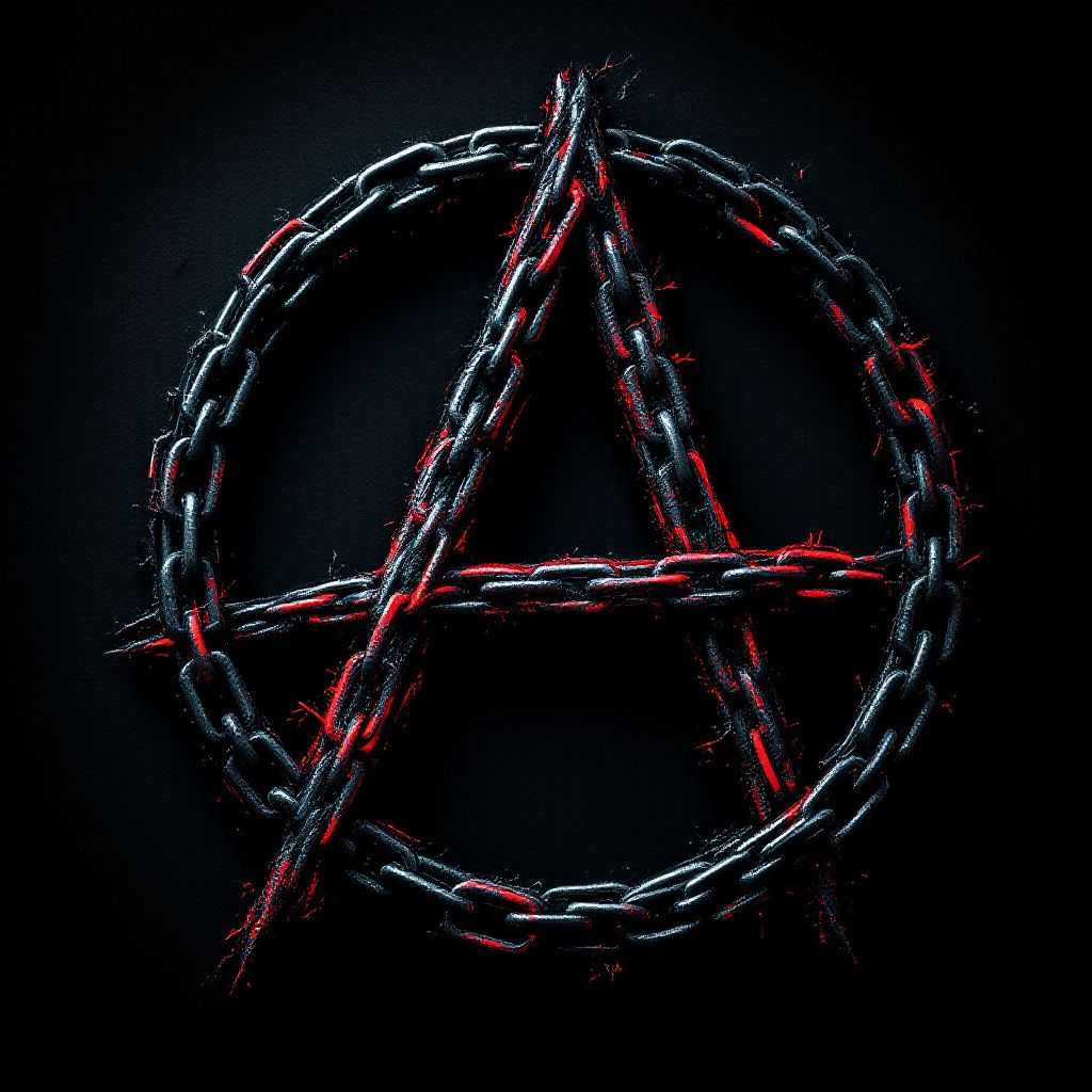 Punk AI Album Cover — Anarchy symbol made from chains, metallic texture, close-up shot, dark background, vibrant red and black, moody lighting, photorealistic, 8k