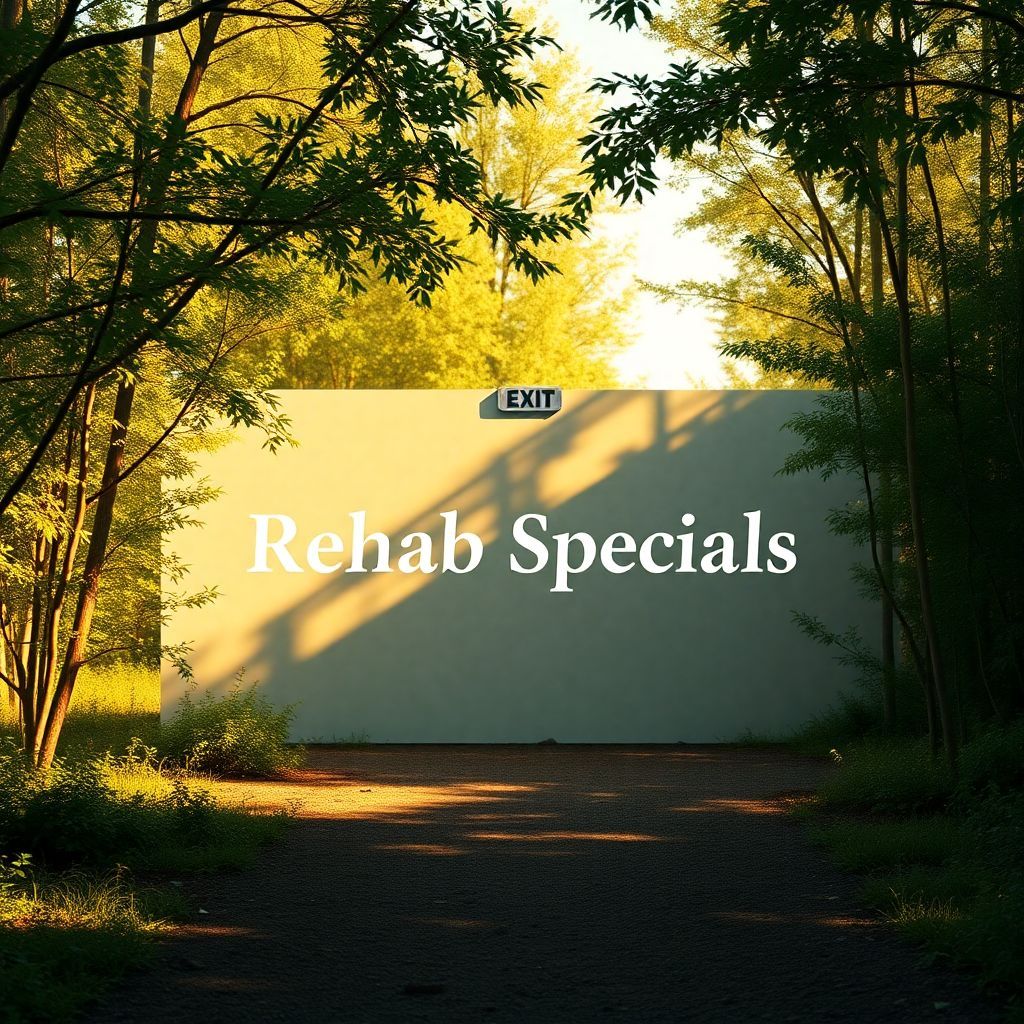 Soundtrack AI Album Cover — A minimalist design featuring a stark, simple emergency exit sign in a sunlit clearing, with the title "Rehab Specials" elegantly incorporated in a modern font; soft golden hues and shadows, peaceful mood, photorealistic details, serene atmosphere surrounded by lush foliage, high quality, 8K resolution.