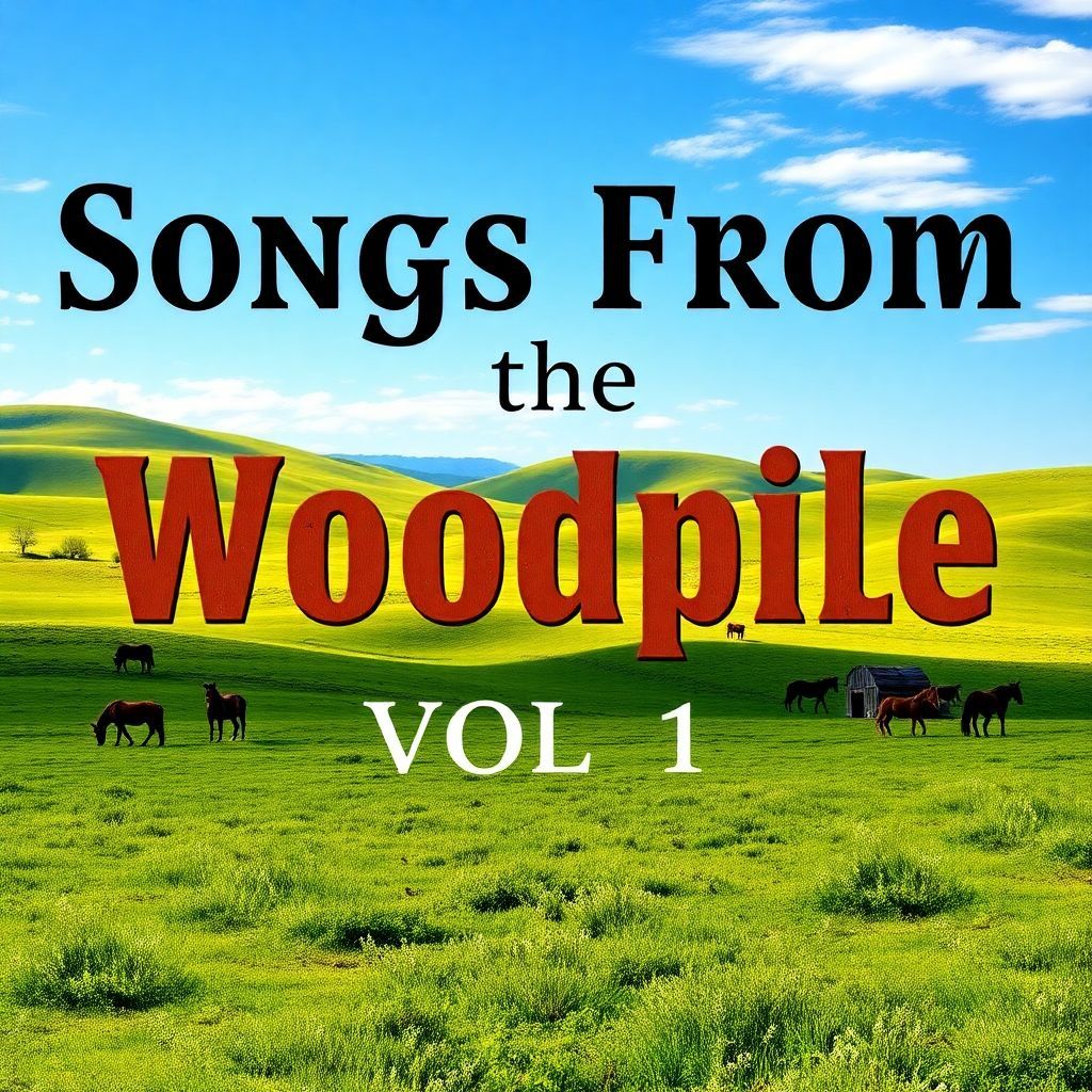 Country AI Album Cover — A serene country landscape with rolling hills and a clear blue sky, highlighting the title "Songs From The Woodpile VOL 1" in bold, rustic typography; soft, natural sunlight casting gentle shadows, with wild horses grazing in the background; vibrant greens and blues, photorealistic, capturing the essence of nature and tranquility.