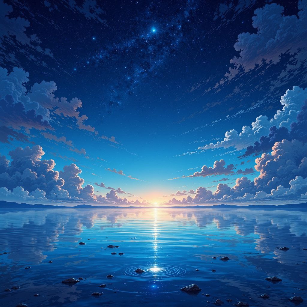 Chillout AI Album Cover — A serene, abstract representation of calm waters reflecting a starry sky, with gentle waves and soft glows; minimalist design, blues and silvers predominating, photorealistic textures, highly detailed, tranquil and inviting atmosphere