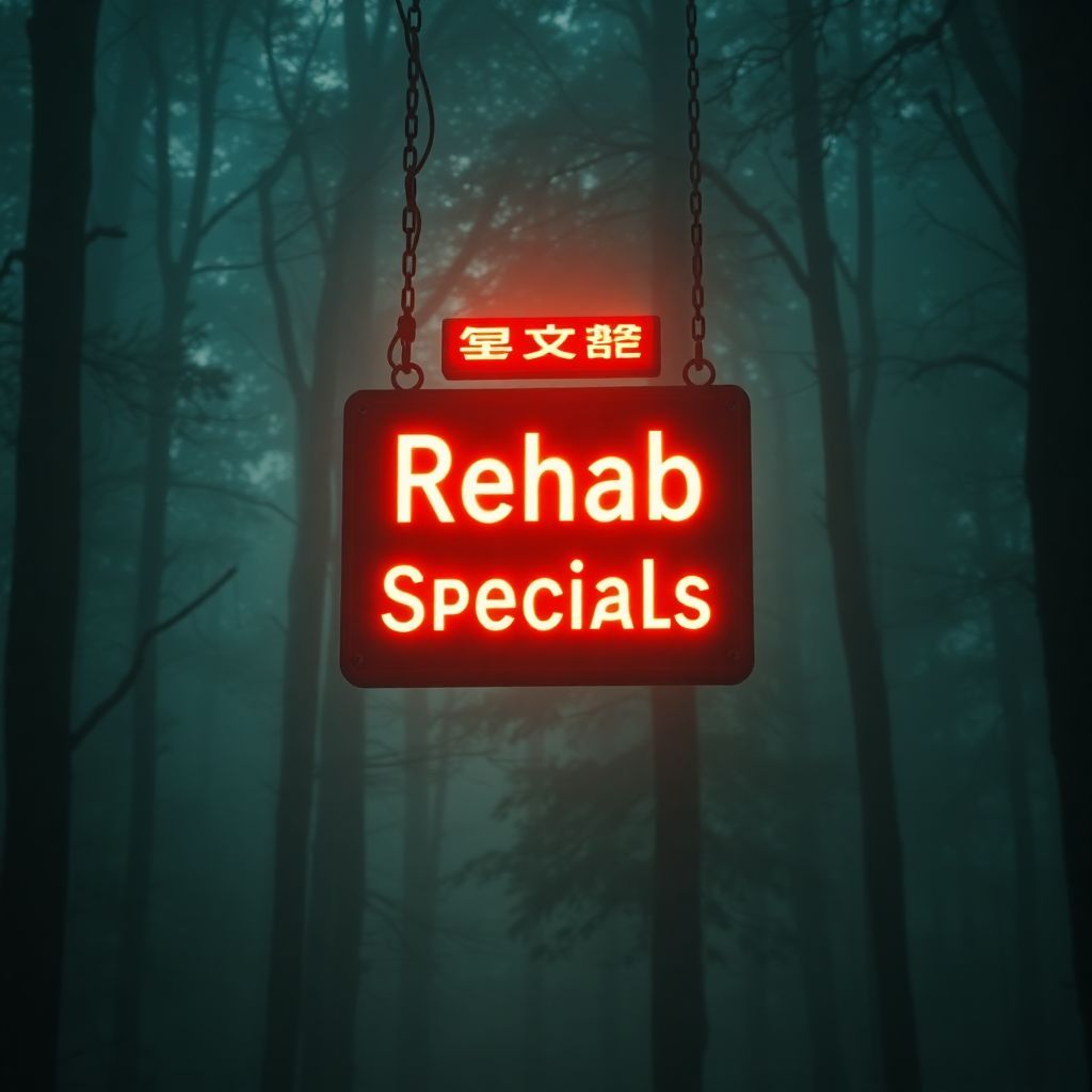 Soundtrack AI Album Cover — An emergency exit sign suspended in a misty, surreal forest scene, featuring the title "Rehab Specials" in glowing letters; ethereal lighting, deep greens and soft blues, highly detailed, cinematic atmosphere, with soft fog and dappled light filtering through the trees, 8K resolution.
