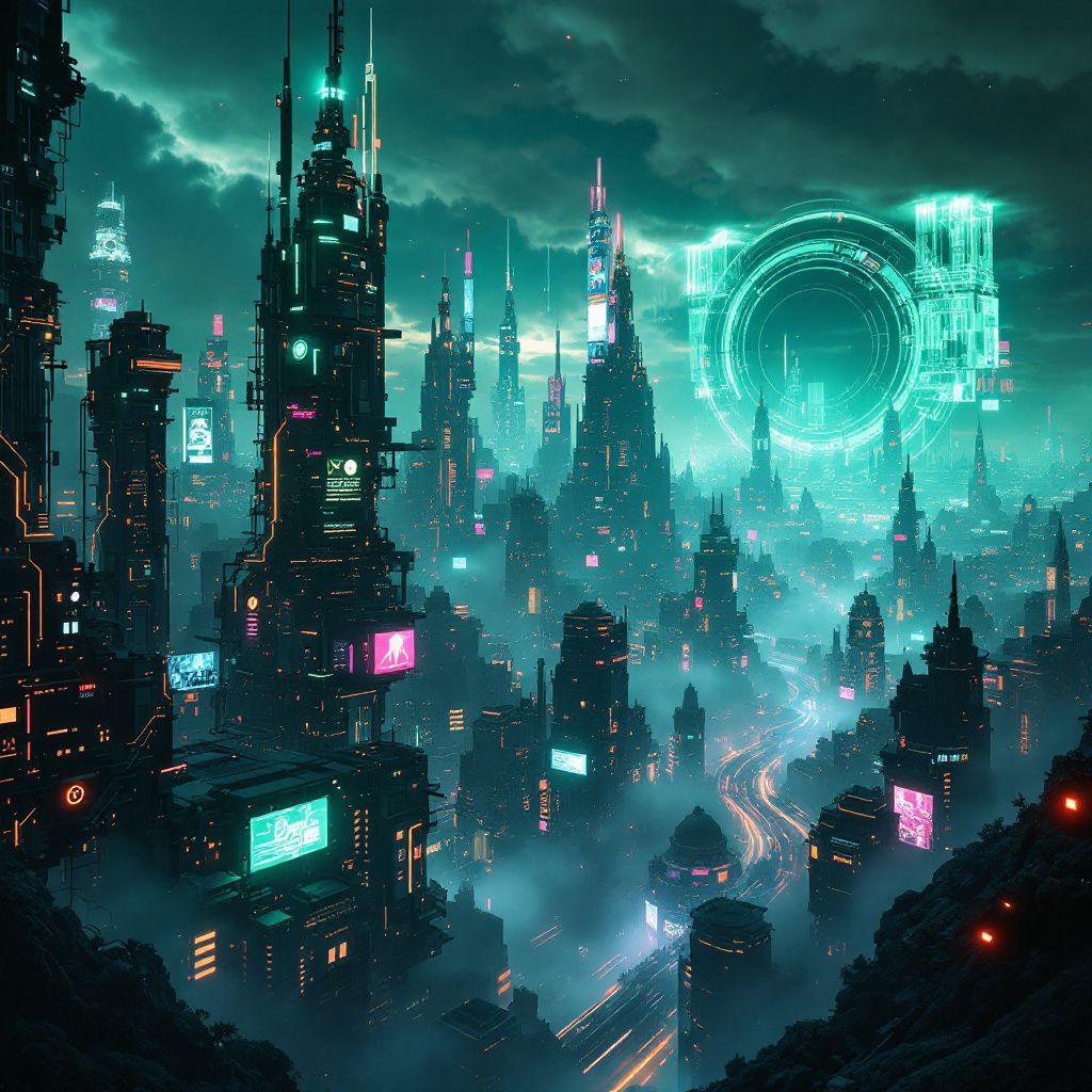 Dubstep AI Album Cover — A surreal landscape of pulsating circuits and digital pulses, in a cyberpunk-inspired aesthetic, wide-angle view, deep shadows with neon glows, electric greens and bold reds, professional and high resolution