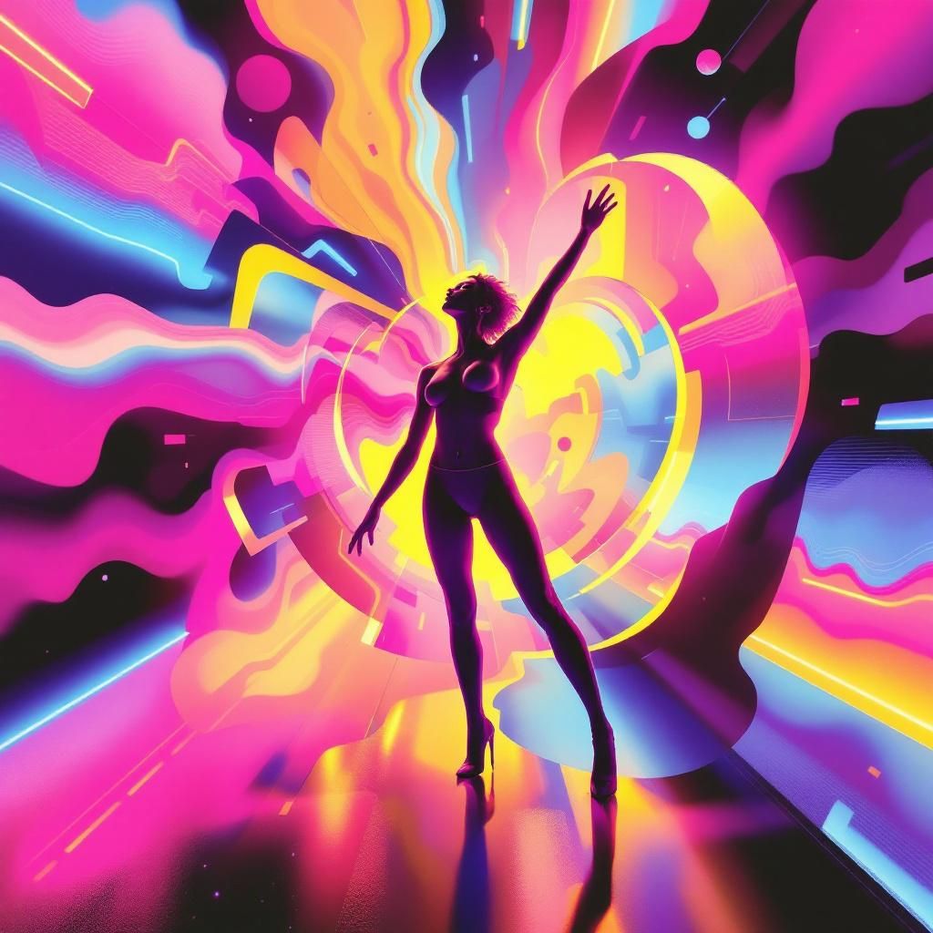 Dance AI Album Cover — A vibrant dance album cover for 'Lucky Heart', featuring swirling neon lights and abstract shapes, psychedelic style; a silhouette of a dancer in motion at the center, energetic lighting enhancing a joyful atmosphere; bright pink, blue, and yellow color palette, 8K resolution, highly detailed and immersive