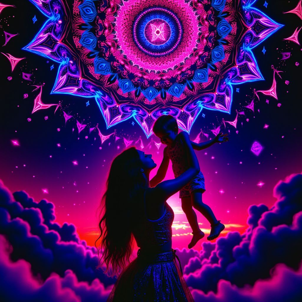 House AI Album Cover — A vibrant, surreal black light album cover illustrating a single mother lifting a child towards the sky; psychedelic patterns enveloping them, glowing in neon colors with a cosmic backdrop, highly detailed and ethereal, emphasizing emotions of hope and determination, 8k resolution