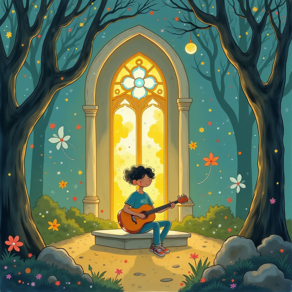 Blues AI Album Cover — A whimsical illustration of a soulful musician sitting on a small stage, colorful notes swirling around him, golden light filtering through stained glass, blues genre, dreamy atmosphere, vibrant blues and yellows, highly detailed, 8k resolution, emotional acceptance theme