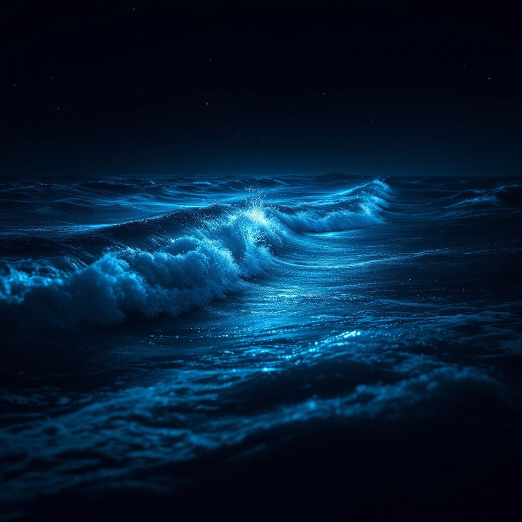 Chillout AI Album Cover — A gentle ocean waves at night, moody lighting, dark blue and silver tones, calming and smooth texture, highly detailed, professional grade, cinematic view