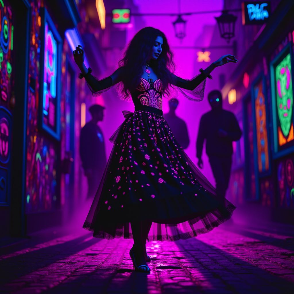 Rock AI Album Cover — A vibrant illustration of Ariella, the Princess of Black, dancing in a magical street filled with abstract elements symbolizing dust and shadows; psychedelic colors of deep purples and blacks with glowing accents, ethereal lighting creating a mystical atmosphere, highly detailed, 8k resolution, capturing the transformation of darkness and beauty.