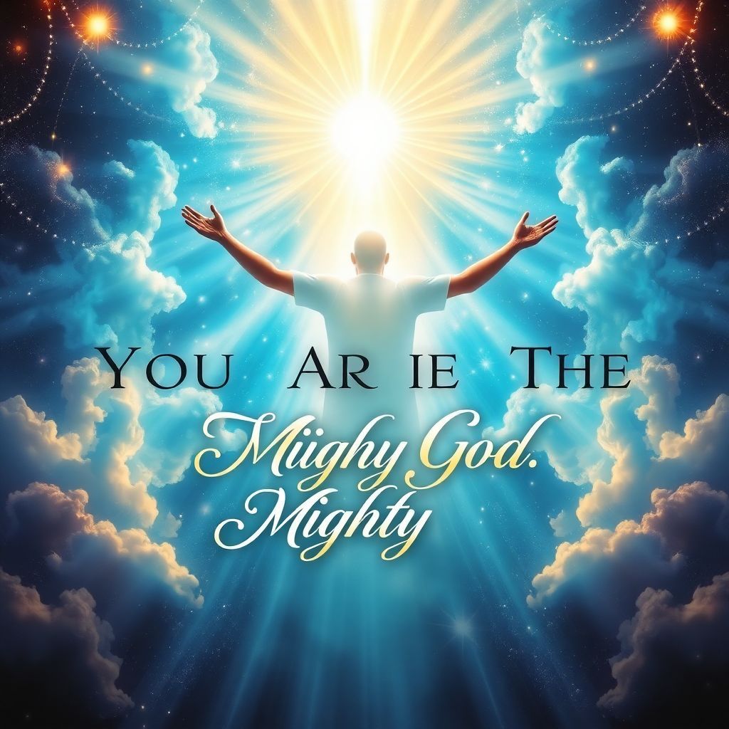 Gospel AI Album Cover — A powerful album cover featuring a radiant figure with outstretched arms against a celestial background, incorporating the title "You Are The Mighty God" in elegant calligraphy; ethereal lighting, vibrant blues and golds, highly detailed, 8k resolution, creating a sense of divine majesty and inspiration.