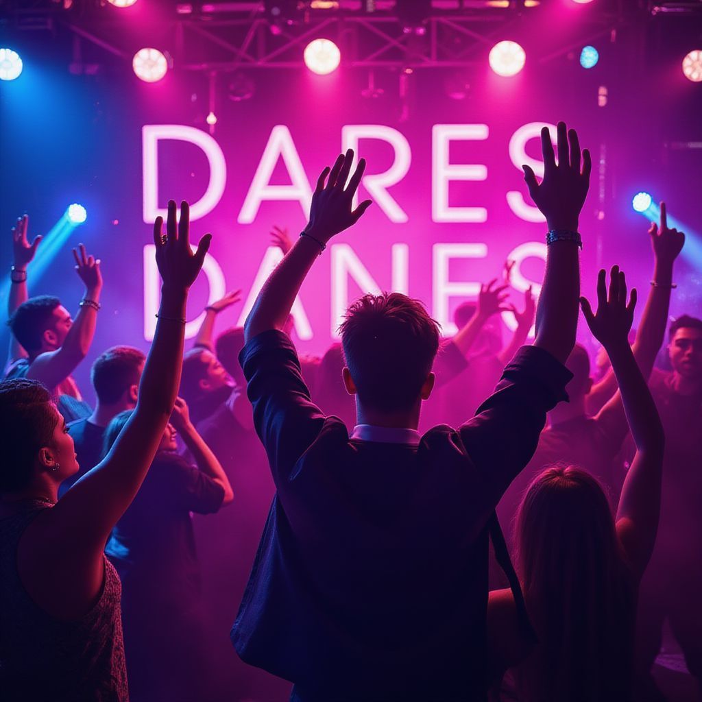 Soundtrack AI Album Cover — A vibrant album cover depicting a lively dance scene with hands raised and bodies in motion, blending photo realism with illustrated elements; bright colors reflecting energy and excitement, illuminated by dynamic lighting; contrasting dark background with neon accents, 8k resolution, highly detailed, evoking thrill and euphoria.
