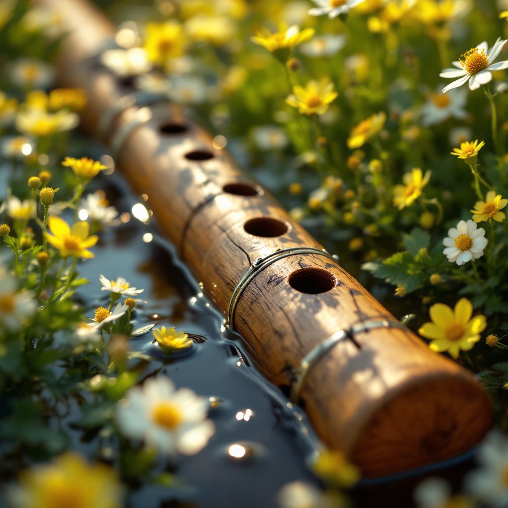 Folk AI Album Cover — A photorealistic close-up of a wooden flute laying among wildflowers, in soft afternoon light, vibrant greens and yellows, moody yet lively impression, sharp focus and intricate detail