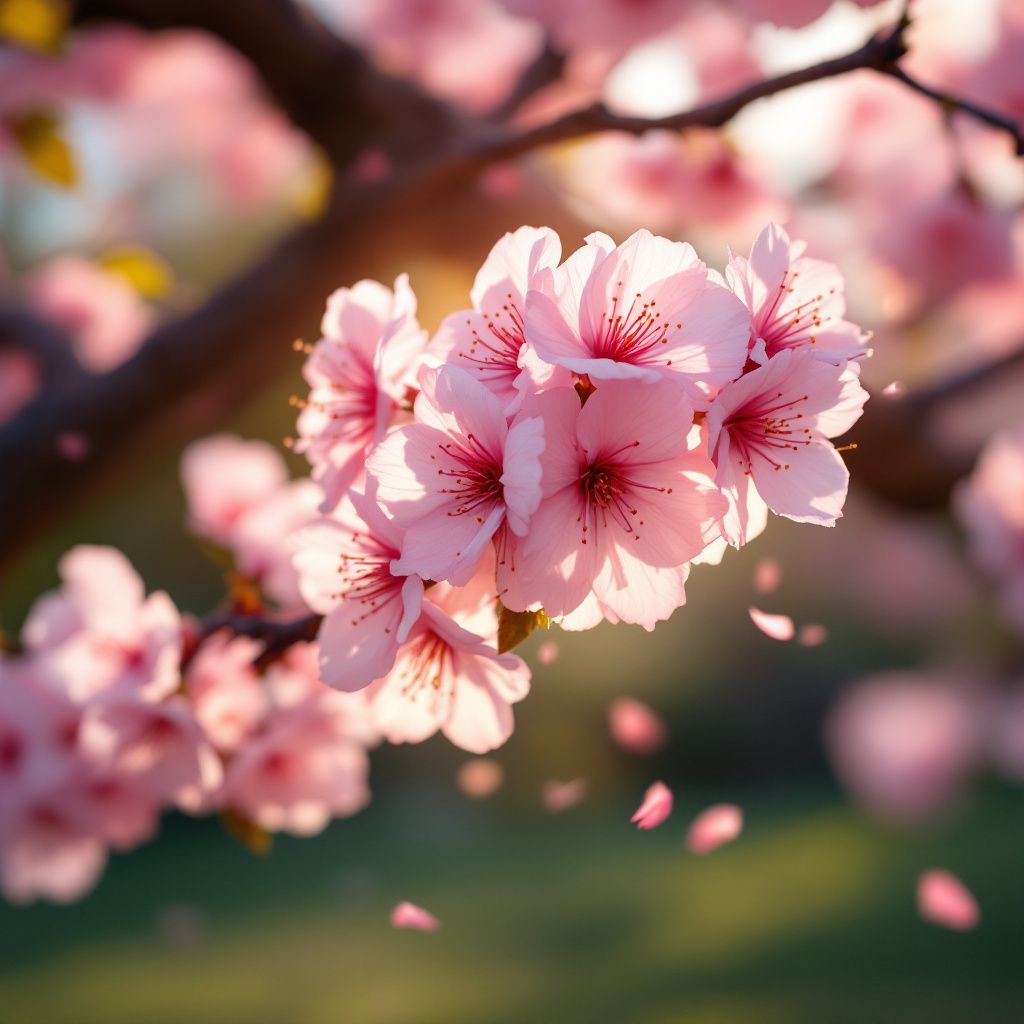 J-Pop AI Album Cover — Close-up of a cherry blossom tree, petals gently falling, vibrant and dreamy, photorealistic rendering, warm afternoon light, soft pinks and whites, masterpiece quality