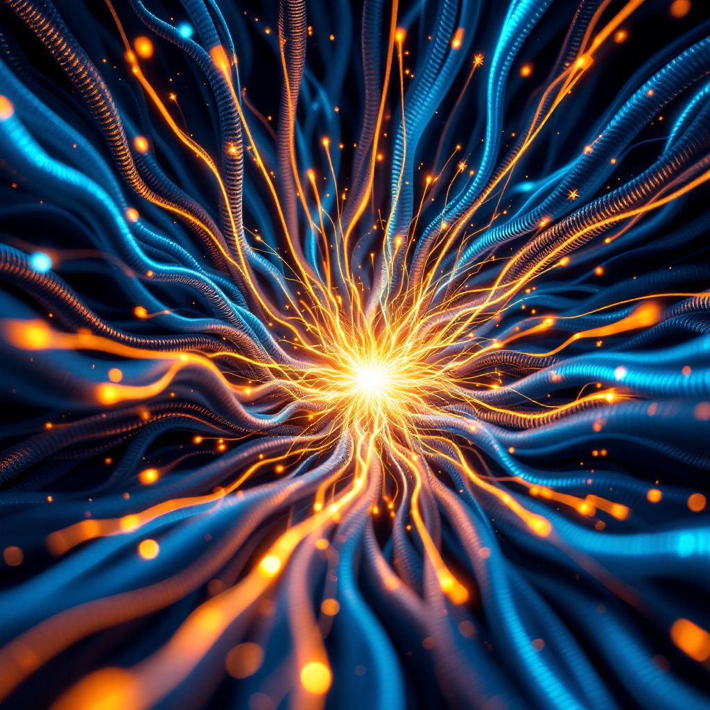 Dubstep AI Album Cover — Intricate network of cables and sound waves flowing with energy, techno-abstract aesthetic, macro perspective, intense light contrasts, uses deep blues and golden hues, highly detailed and refined