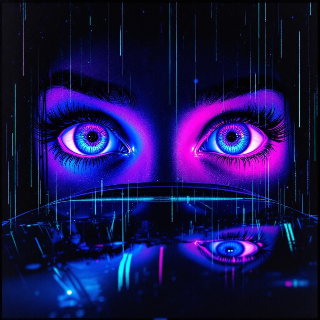 Trap AI Album Cover — A striking cyberpunk album cover featuring oversized glitch eyes at the center, left purple-blue iris reflecting a rainy neon car hood, right red-orange iris lit by parking lights; dusk gradient background of purple and black rain, vaporwave glitch style, title 'ourdusk' in glitch font at the bottom, moody urban aesthetic, high quality, 8k resolution