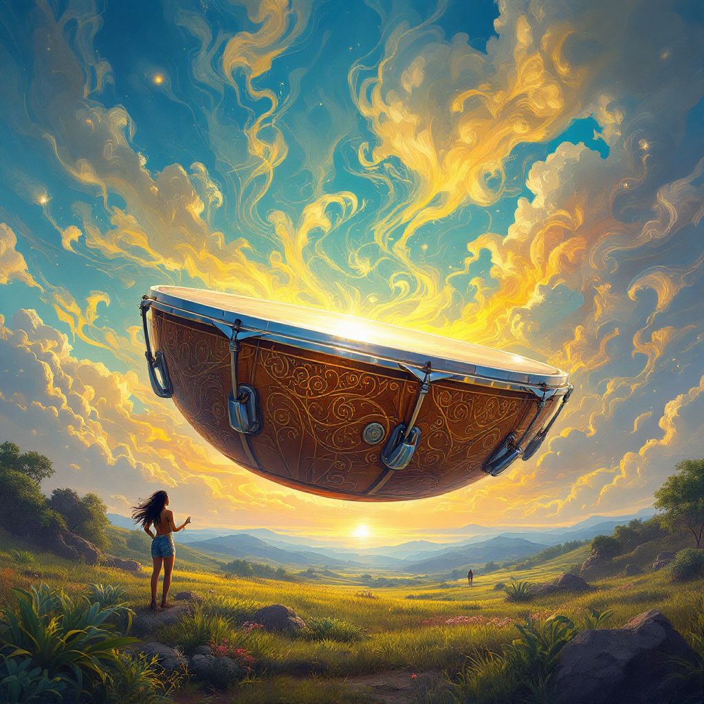 Reggae AI Album Cover — A surrealist landscape with a floating drum, reggae colors, uncanny lighting, sky painted with abstract clouds, vibrant greens and yellows, professionally detailed, high resolution.
